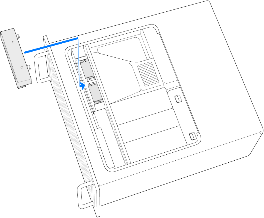 Računalnik Mac Pro na stranici s prikazom ponovne namestitve pokrova SSD.