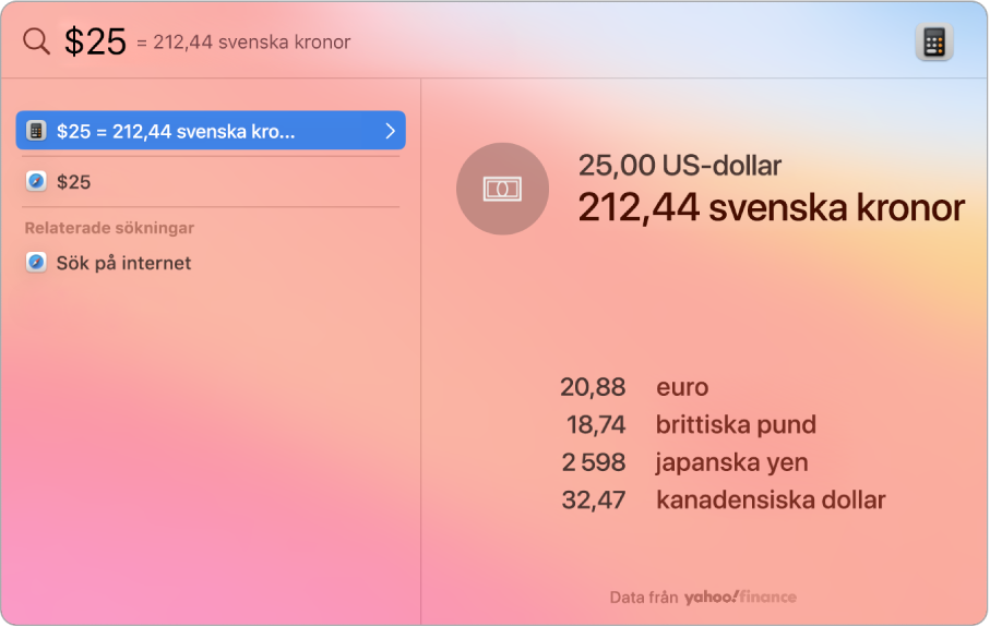 En skärmavbild som visar dollar konverterade till pesos med en bästa sökträff som visar konverteringen och flera andra träffar att välja bland.