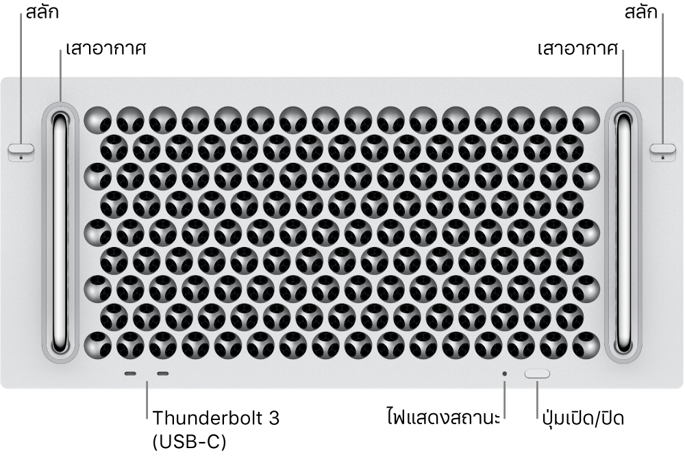 ด้านหน้าของ Mac Pro ที่แสดงพอร์ต Thunderbolt 3 (USB-C) สองพอร์ต, ไฟแสดงสถานะระบบ, กำลังไฟ, ปุ่ม และเสาอากาศ