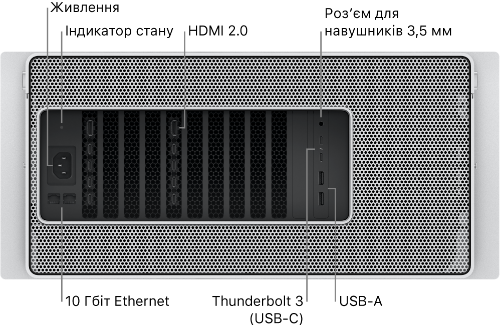 Вигляд ззаду на Mac Pro, який демонструє порт живлення, світловий індикатор стану, два порти HDMI 2.0, роз’єм для навушників 3,5 мм, два порти 10 Gigabit Ethernet, два порти Thunderbolt 3 (USB-C), а також два порти USB-A.