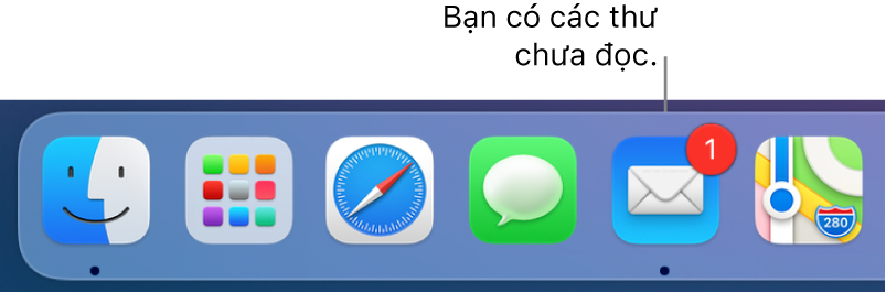 Một phần của Dock đang hiển thị biểu tượng ứng dụng Mail, với một biểu trưng cho biết số thư chưa đọc.