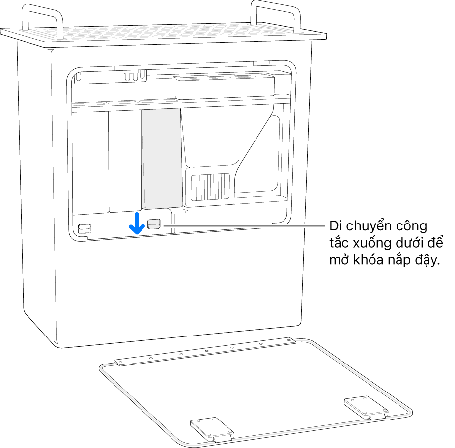 Mac Pro đang được đặt vào đúng vị trí, đang tô sáng công tắc mở nắp DIMM.