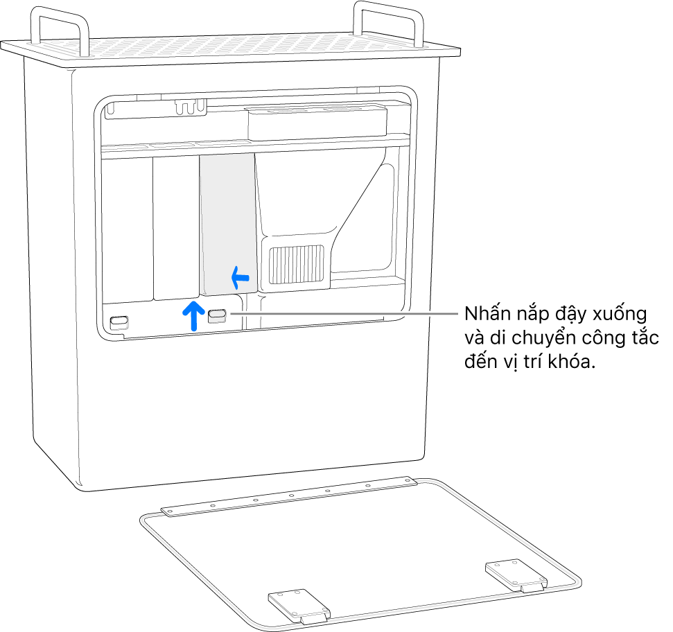 Mac Pro đang được đặt vào đúng vị trí, đang hiển thị cách di chuyển công tác DIMM đến vị trí được khóa.