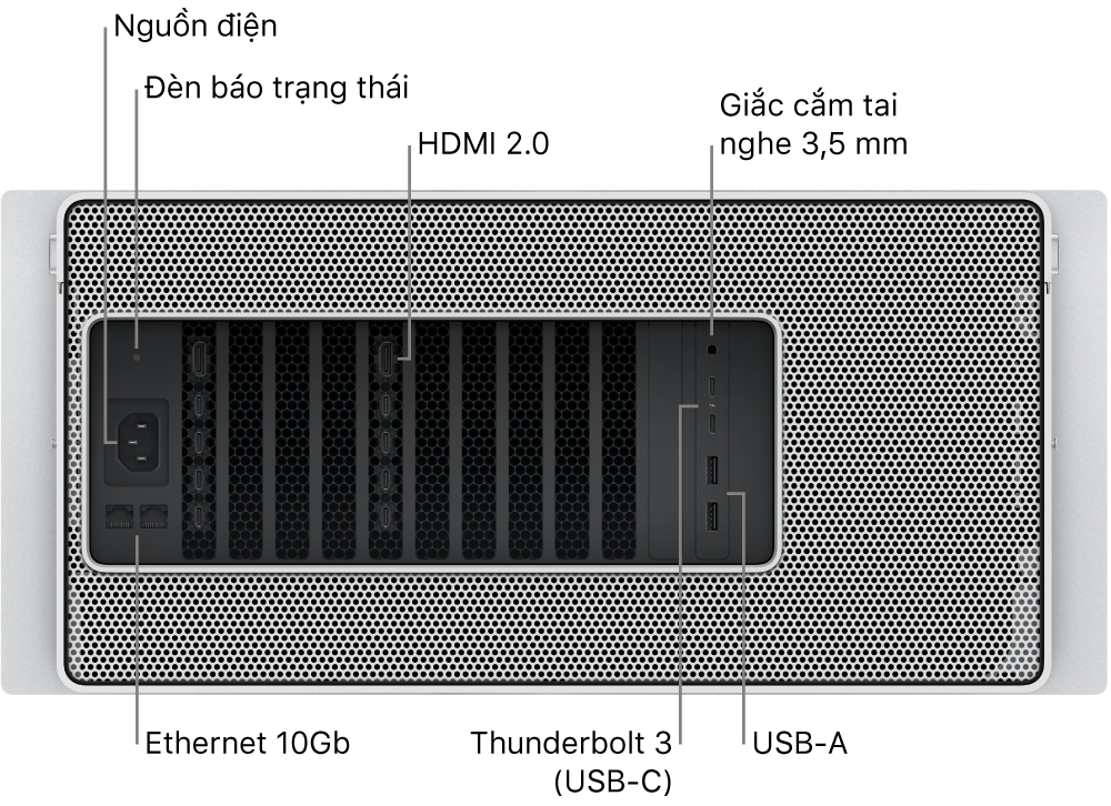 Góc nhìn mặt sau của Mac Pro đang hiển thị cổng Nguồn, đèn báo trạng thái, hai cổng HDMI 2.0, giắc cắm tai nghe 3,5 mm, hai cổng Ethernet 10 Gigabit, hai cổng Thunderbolt 3 (USB-C) và hai cổng USB-A.