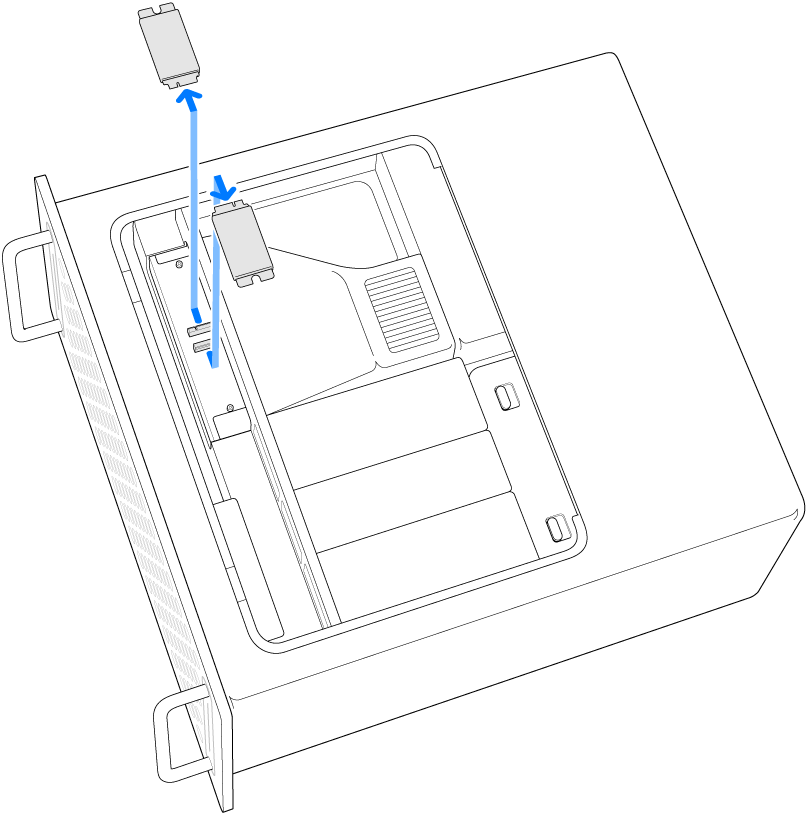 侧放的 Mac Pro，显示了正在被移除的两个 SSD 模块。