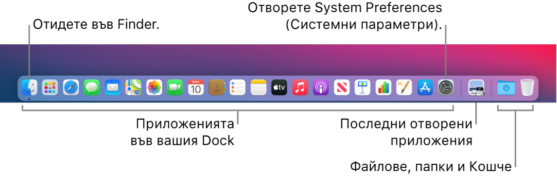 Лентата Dock, която показва Finder, System Preferences (Системни параметри) и линията в лентата Dock, която разделя приложенията от файловете и папките.