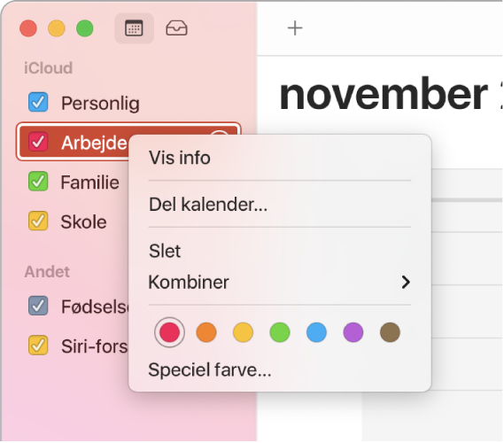 Genvejsmenu til Kalender med muligheder til tilpasning af en kalenders farve.