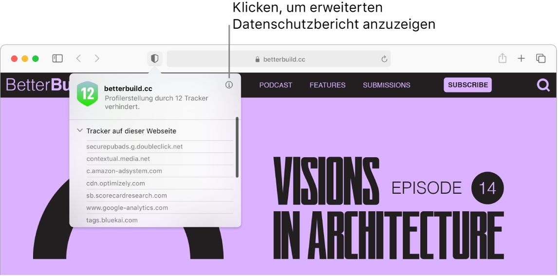 Im Safari-Fenster werden Website-Einstellungen angezeigt, zu denen beispielsweise diese gehören: „Reader verwenden“ (sofern verfügbar), „Inhalt-Blocker aktivieren“, „Seitenzoom“, „Automatische Wiedergabe“ und „Pop-Up-Fenster“.