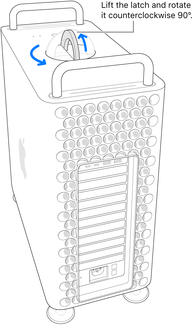 Showing the first step to remove the computer’s housing by lifting the latch and rotating it at 90 degrees.