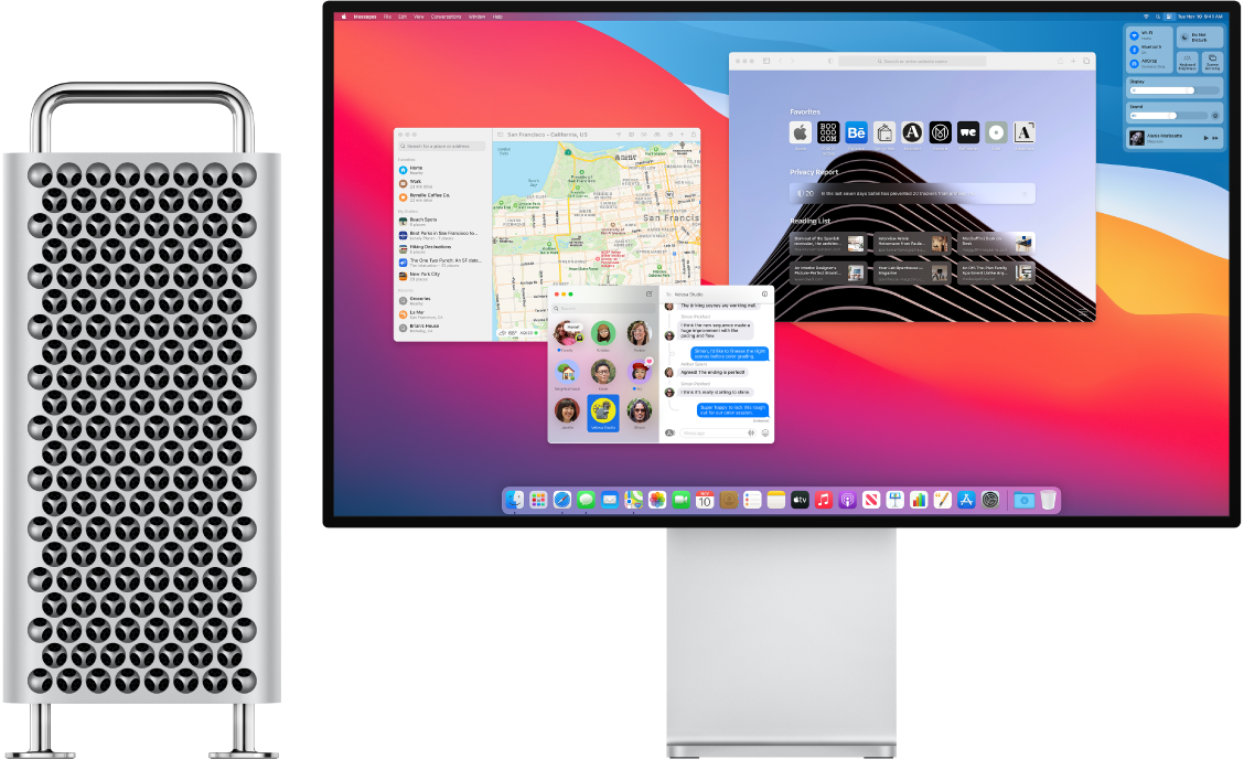 A Mac Pro connected to a Pro Display XDR, with the desktop  showing Control Center and several open apps.
