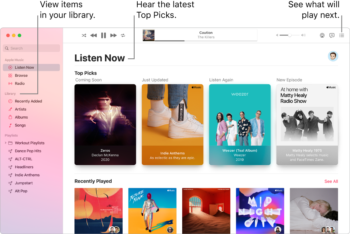 A Music app window showing how to view your library, listen to Apple Music, and see what will play next.