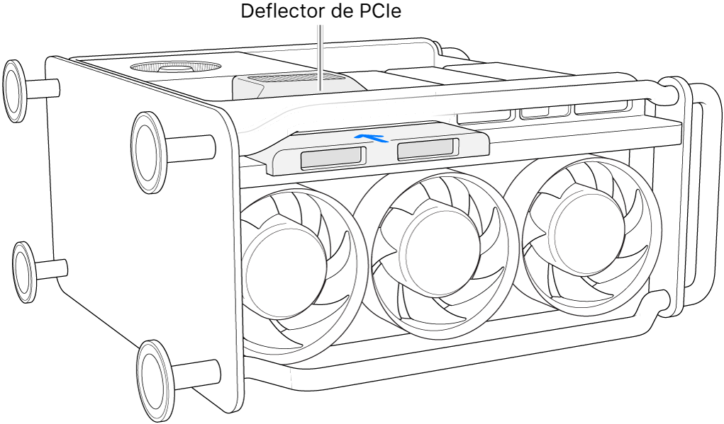 Se muestra el deflector PCIe y la cubierta del SSD de una Mac Pro colocada sobre un lado.