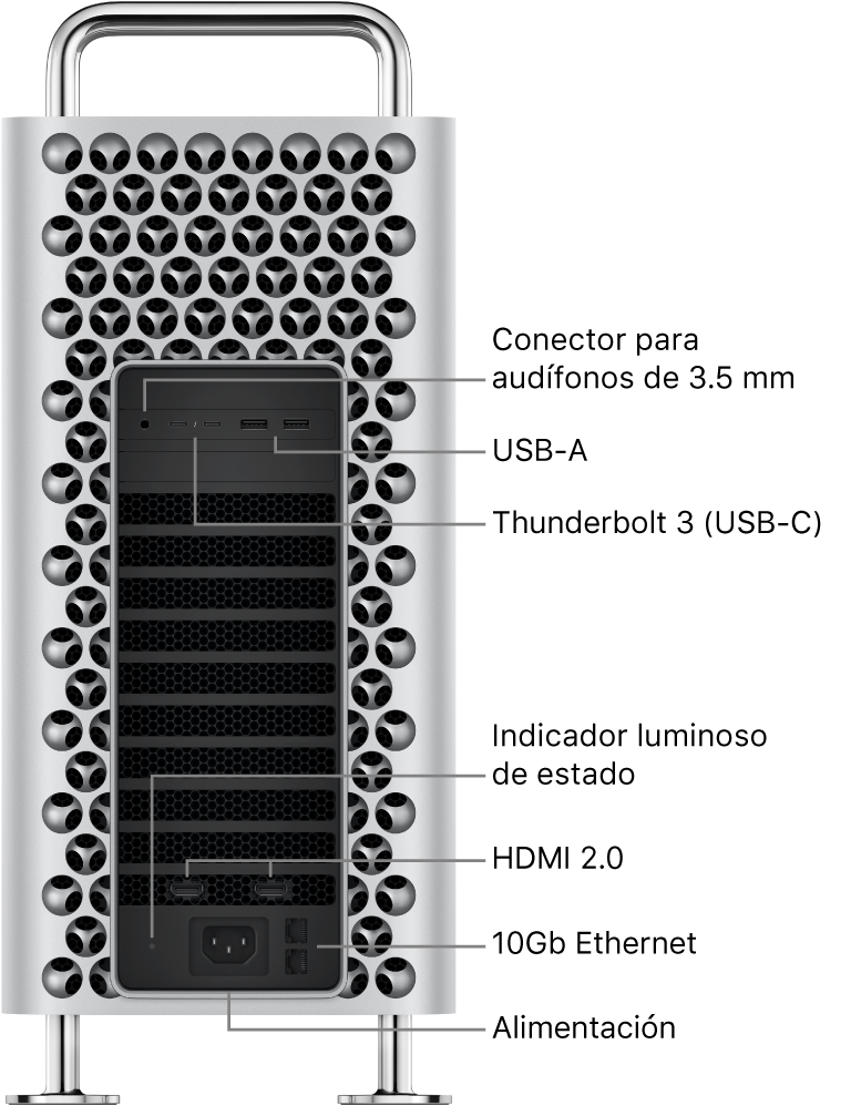 Una vista lateral de una Mac Pro mostrando el conector para audífonos de 3.5 mm, dos puertos USB-A, dos puertos Thunderbolt 3 (USB-C), un indicador luminoso de estado, dos puertos HDMI 2.0, dos puertos 10 Gigabit Ethernet y el puerto de corriente.