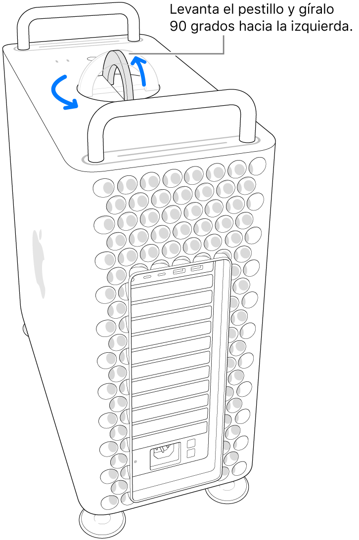 Mostrando el primer paso para extraer la carcasa de la computadora levantando el pestillo y girándolo 90 grados.