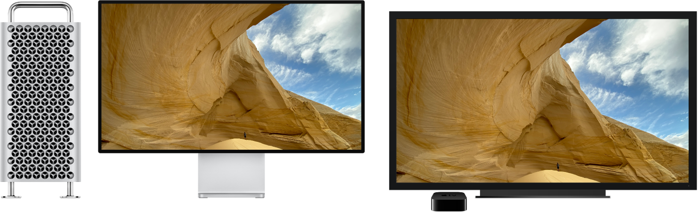 Una Mac Pro con el contenido duplicado en una televisión de alta definición a través de un Apple TV.