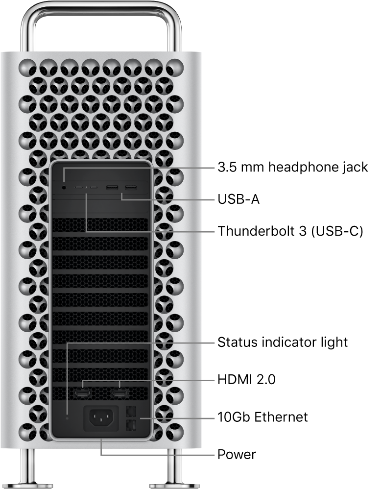 Mac Pro küljevaade, millel on kujutatud 3,5 mm kõrvaklappide pesa, kahte USB-A-porti, kahte Thunderbolt 3 (USB-C) porti, oleku indikaatortuld, kahte HDMI 2.0 porti, kahte 10 Gigabit Etherneti porti ning Power-porti.