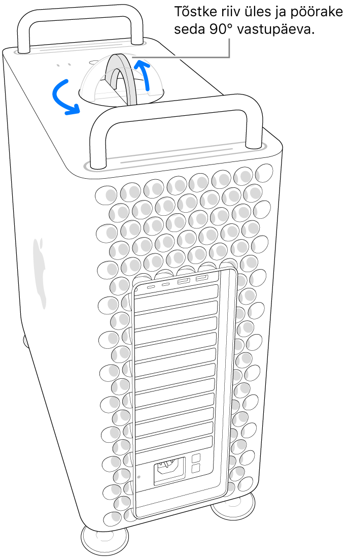 Arvuti korpuse eemaldamise toimingu esimene samm, kus riiv tõstetakse üles ning pööratakse seda 90 kraadi.