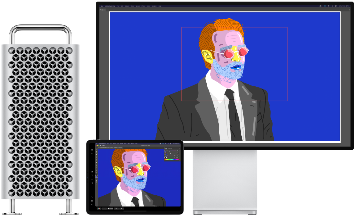 Mac Pro ja iPad ovat vierekkäin. Mac Prossa näkyy kuva Illustratorin navigointi-ikkunassa. iPadissa näkyy sama kuva Illustratorin dokumentti-ikkunassa, ja sen ympärillä on työkalupalkkeja.