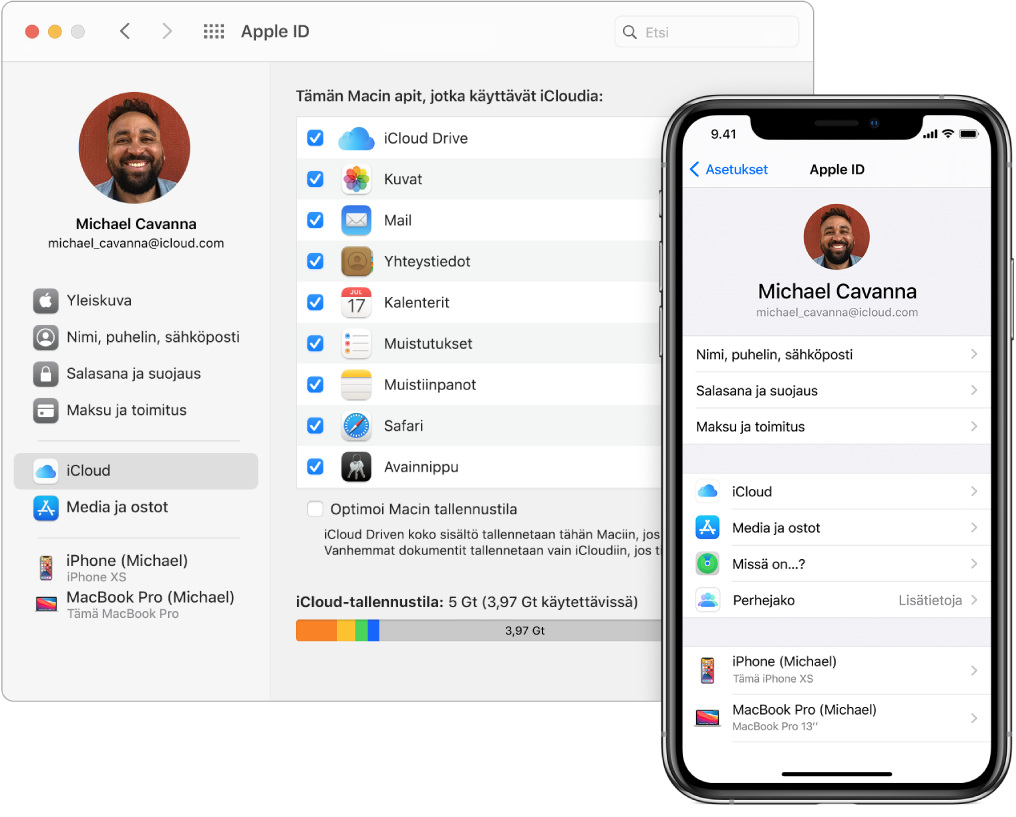 iCloud-asetukset iPhonessa ja iCloud-ikkuna Macissa.