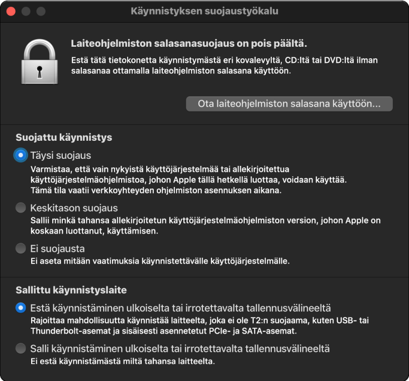 Käynnistyksen suojaustyökalun ikkuna on avoinna ja sekä suojatun että ulkoisen käynnistyksen vaihtoehto on valittuna.