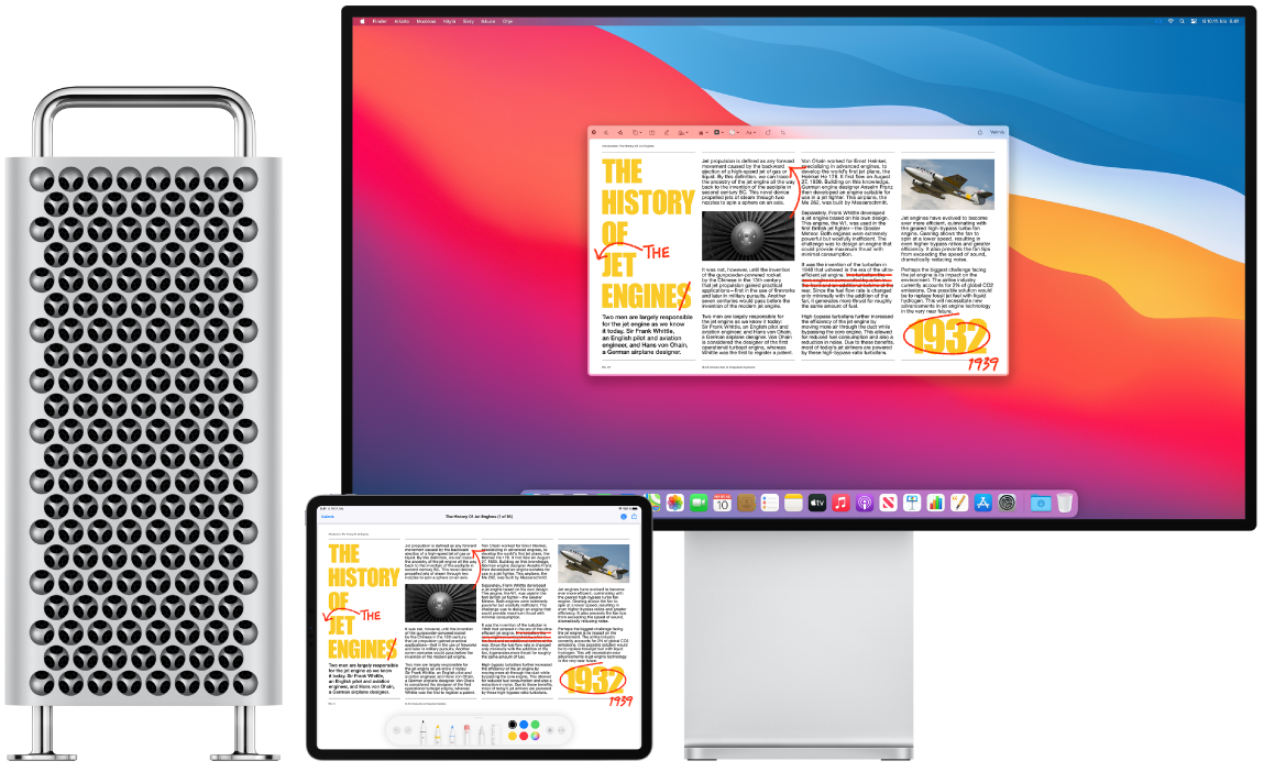 Mac Pro ja iPad ovat vierekkäin. Molemmilla näytöillä on artikkeli, johon on tehty punakynällä paljon muutoksia, kuten viivattu yli lauseita, piirretty nuolia ja lisätty sanoja. iPadin näytön alaosassa näkyy myös merkintäsäätimiä.