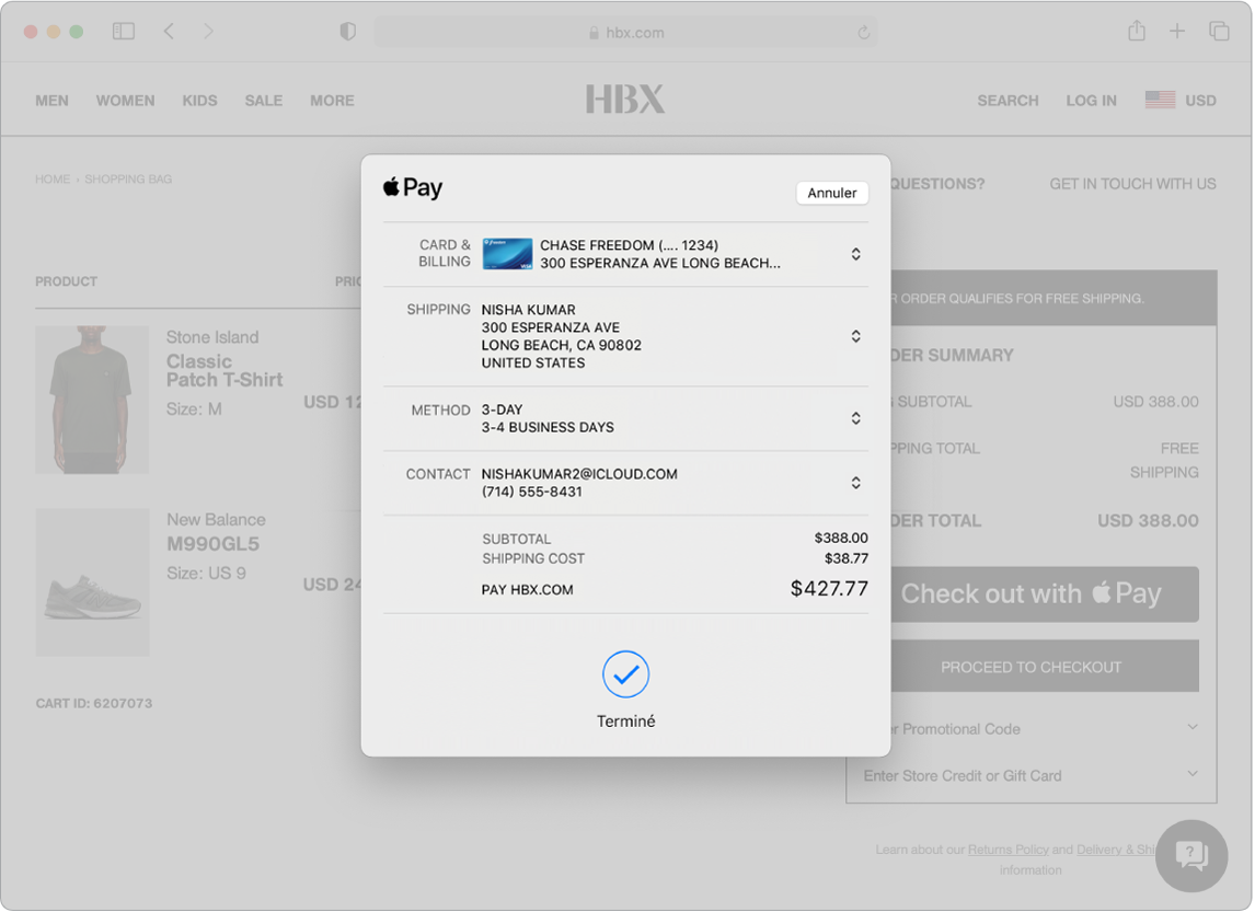 Écran d’un Mac affichant un achat en ligne en cours utilisant l’option Apple Pay dans Safari.