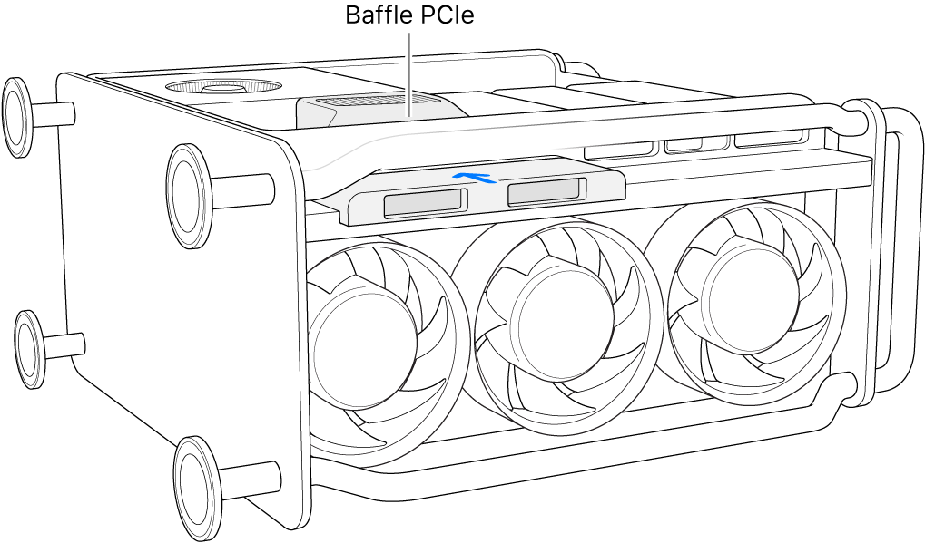 Mac Pro sur le côté et montrant le baffle PCIe et le cache du SSD.