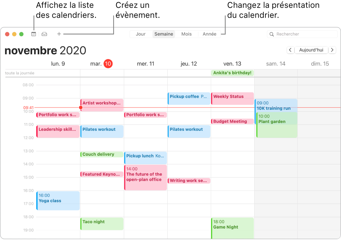 Une fenêtre de Calendrier indiquant comment créer un évènement, obtenir la liste des évènements et choisir une présentation par jour, par semaine, par mois ou par année.