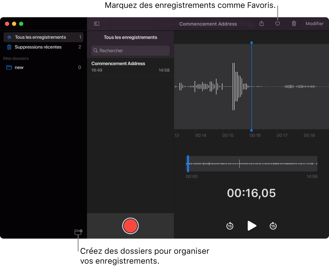 Fenêtre de Dictaphone montrant comment créer de nouveaux dossiers ou marquer des enregistrements comme favoris.