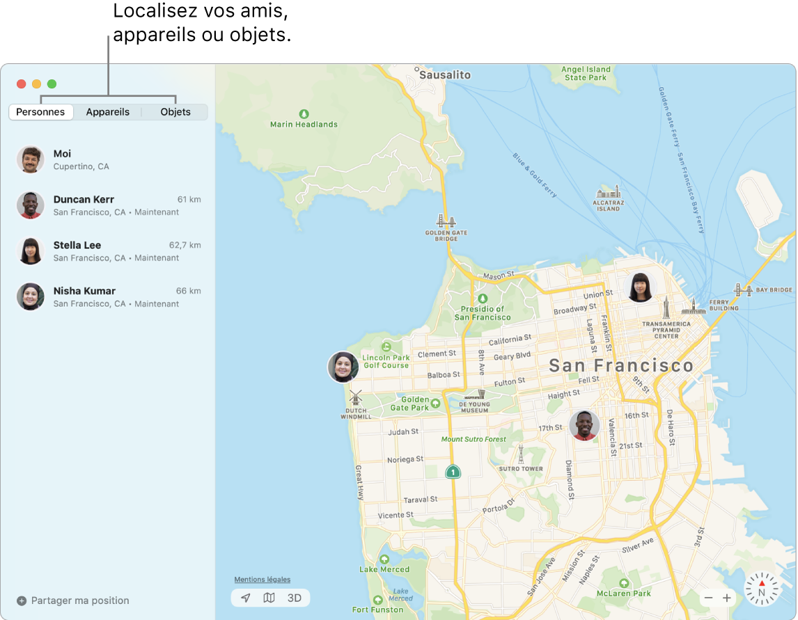 L’onglet Personnes sélectionné sur la gauche et une carte de San Francisco sur la droite avec la position de trois amis.