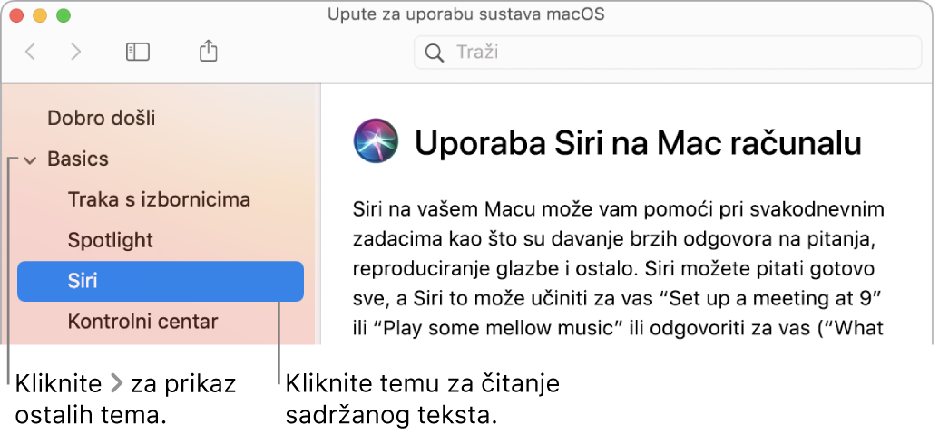 Preglednik pomoći prikazuje način za pregledavanje tema navedenih u rubnom stupcu i način prikaza sadržaja teme.