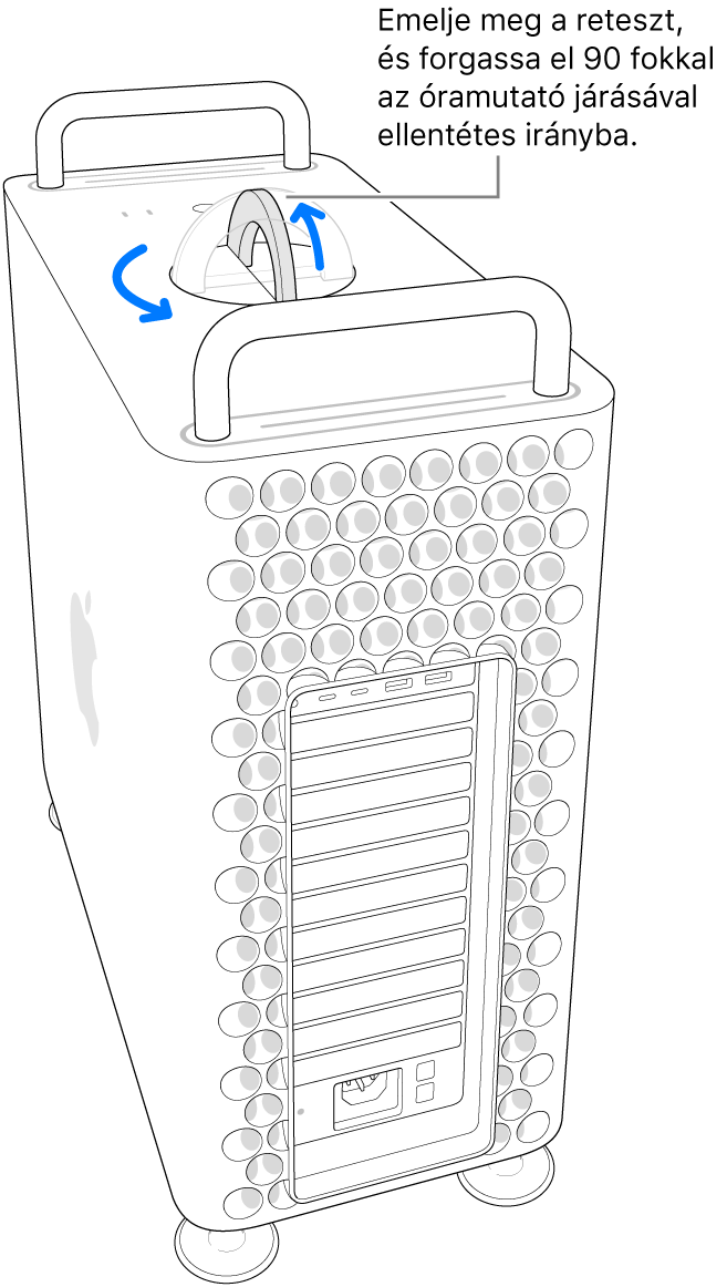 A számítógép-burkolat eltávolítása első lépésének illusztrációja: a retesz megemelése, és elforgatása 90 fokkal.