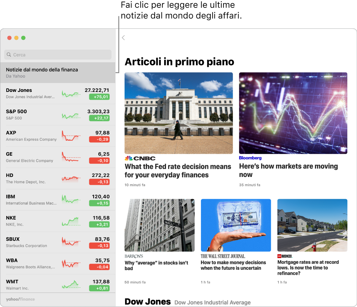 La dashboard di Borsa che mostra i prezzi di mercato in una watchlist, accompagnati dalle notizie principali.