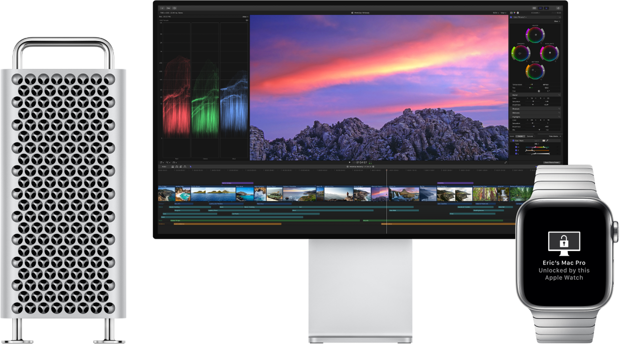 Mac Pro компьютерінің құлпы сағатпен ашылғанын білдіретін хабарды көрсетіп тұрған Apple Watch құрылғысының жанындағы Mac Pro компьютері мен оның дисплейі.