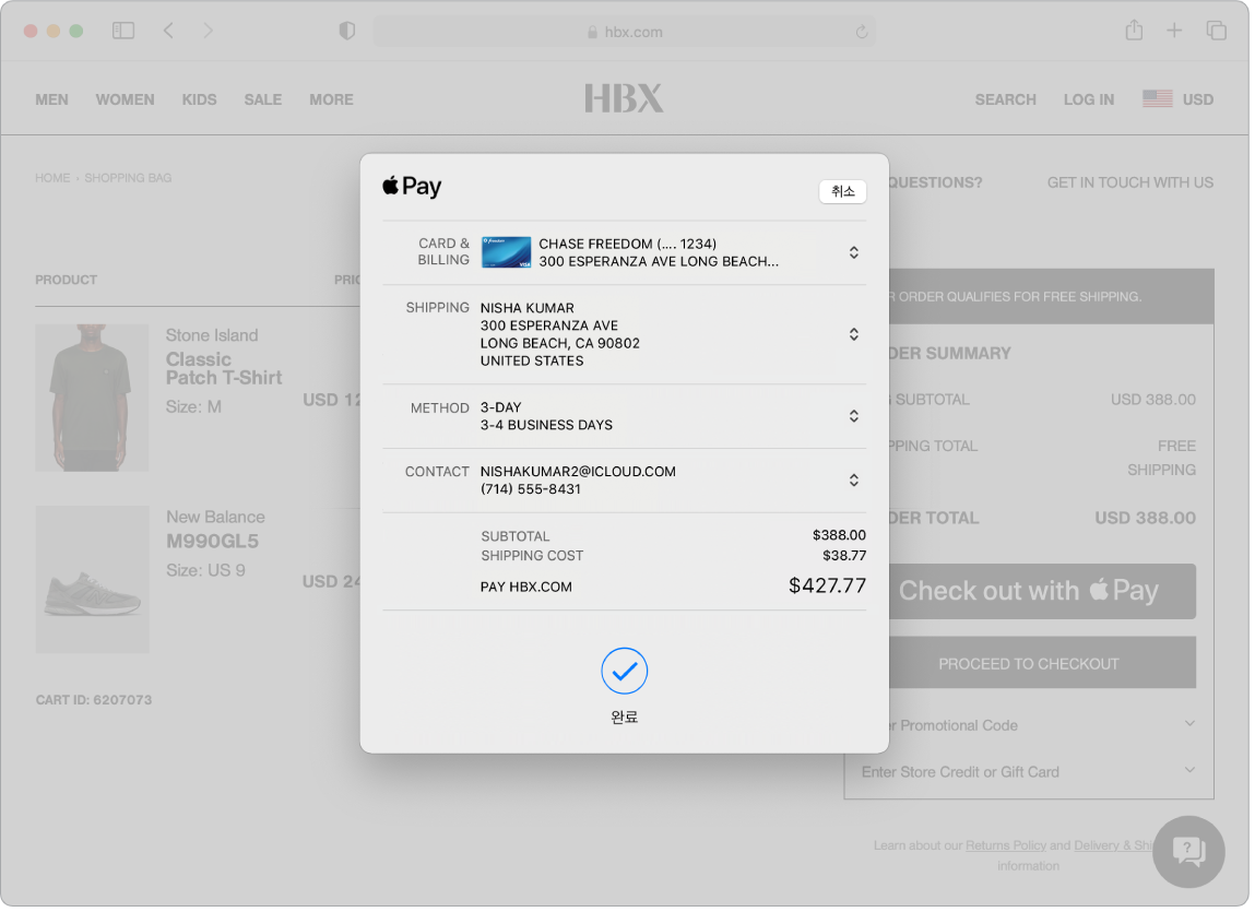Safari에서 Apple Pay 옵션을 사용하여 온라인 구입 진행 상태를 표시하는 Mac 화면.