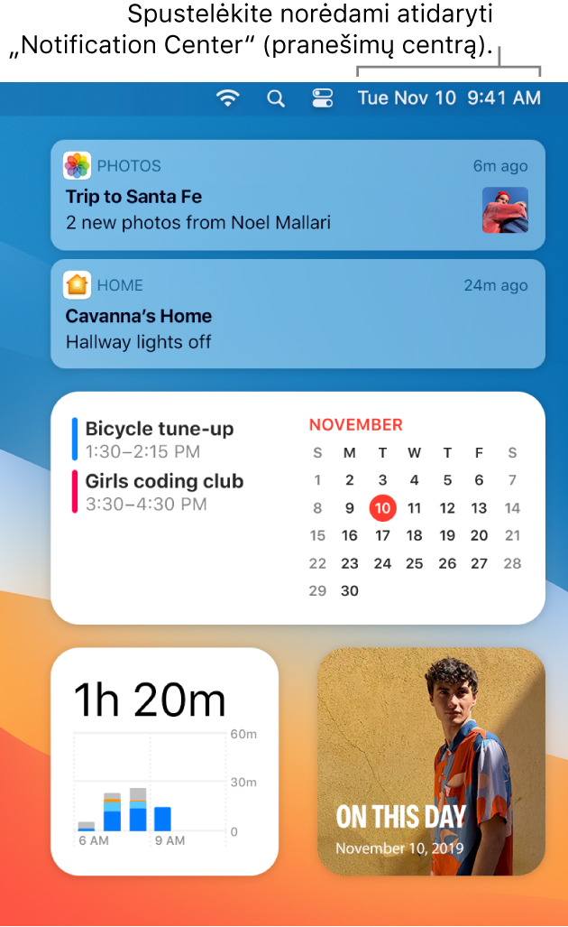 Darbalaukio ekrane rodoma atidaryta funkcija „Notification Center“, pasirinkta kortelė „Today“.