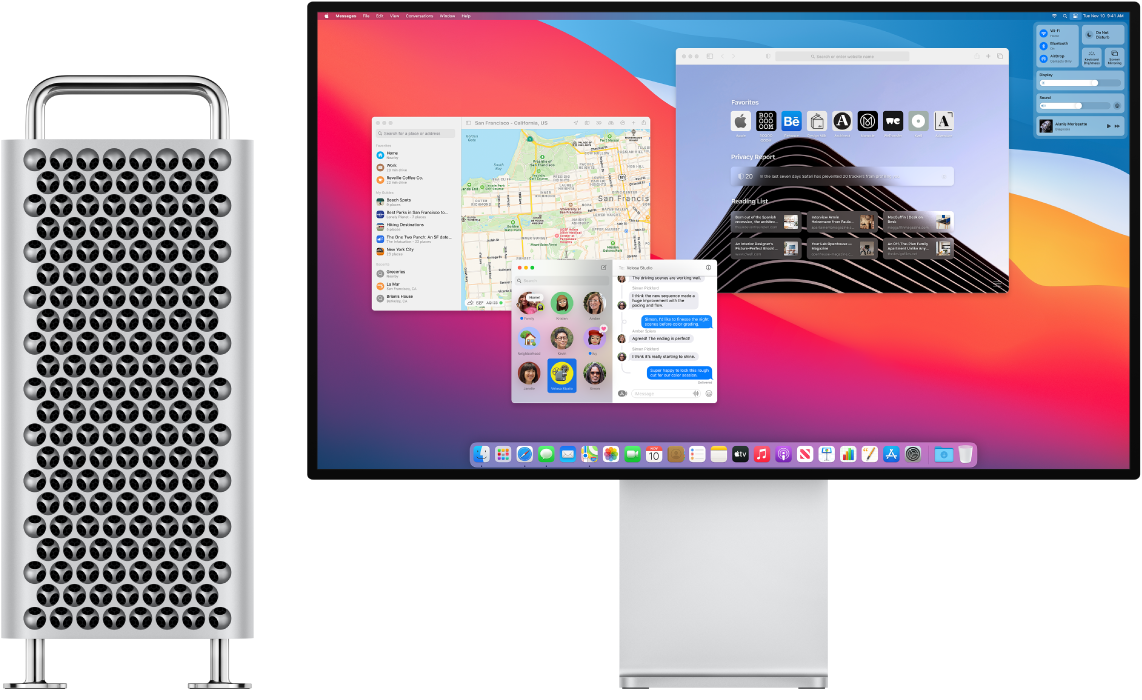 „Mac Pro Tower“ ir „Pro Display XDR“ vienas prie kito.