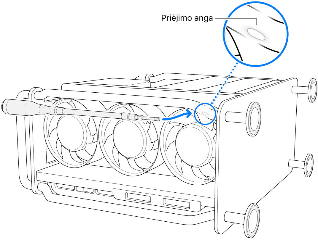 Ant šoninės pusės padėtas „Mac Pro“, lankstus atsuktuvas nukreiptas į prieigos angą.