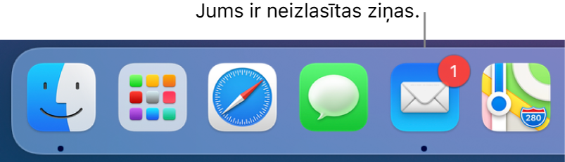 Joslas Dock daļa, kurā redzama lietotnes Mail ikona ar emblēmu, kas norāda nelasīto ziņojumu skaitu.