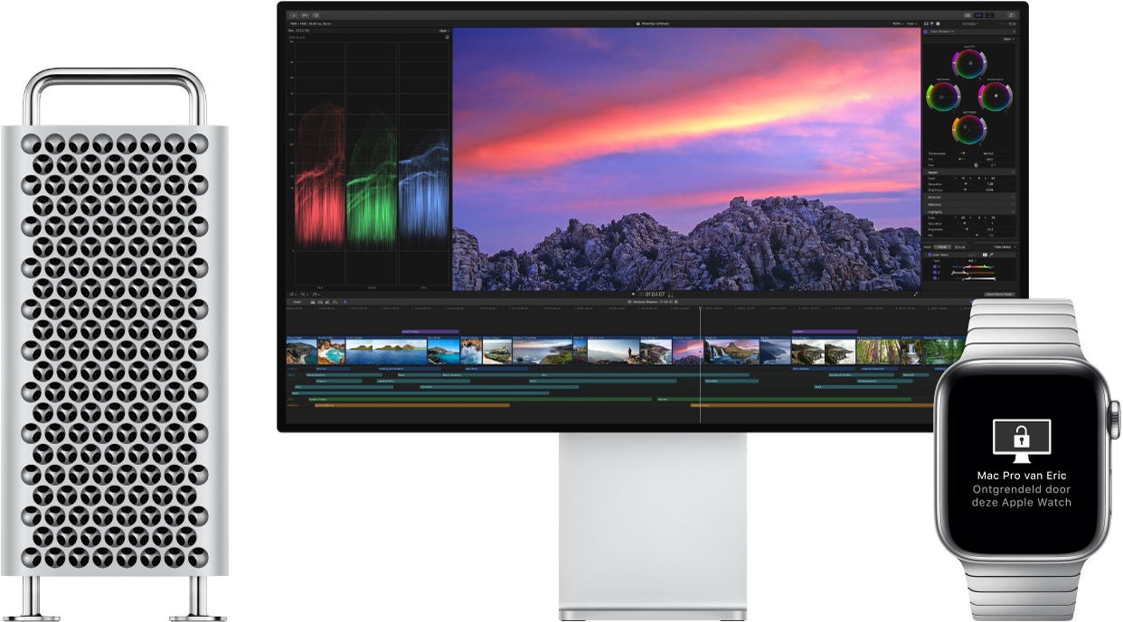 Een Mac Pro en een beeldscherm naast een Apple Watch met een bericht dat de Mac door het horloge is ontgrendeld.