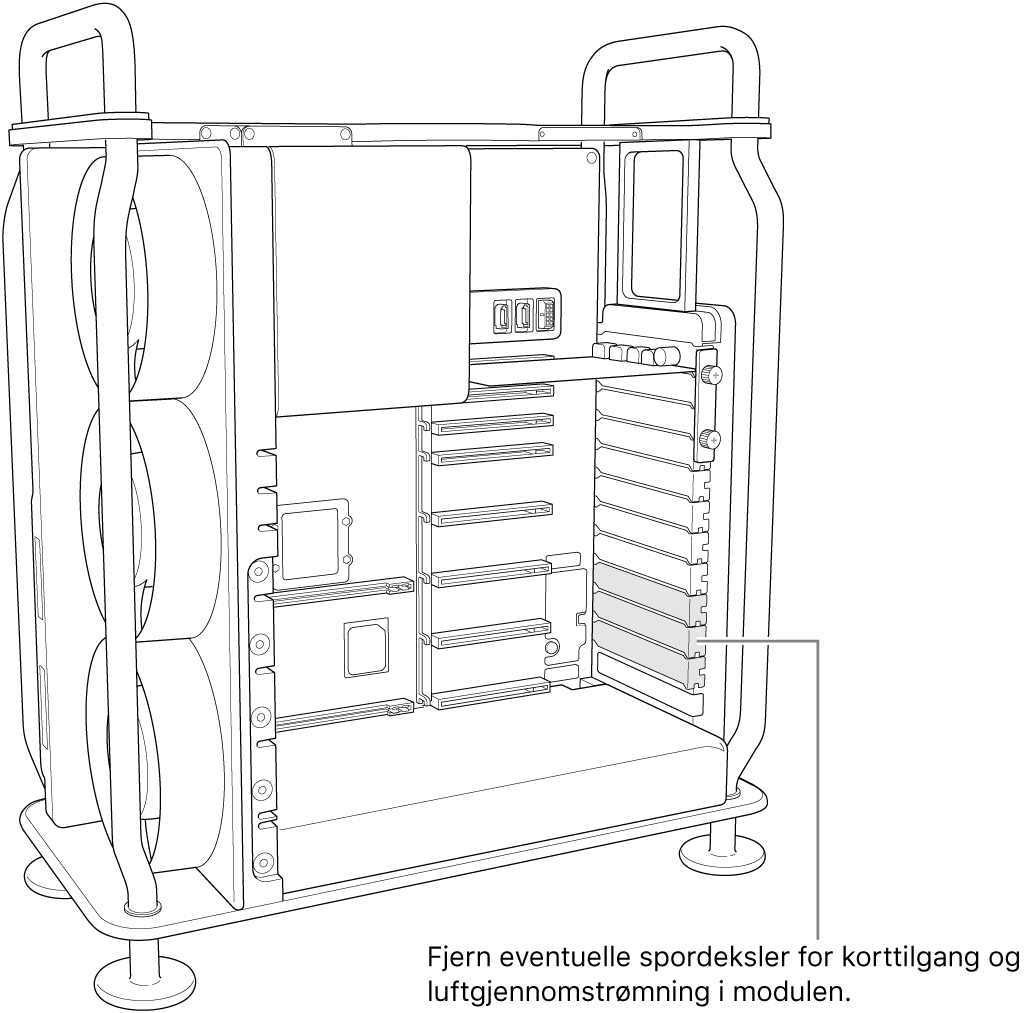 Fjern eventuelle plassdeksler som er nødvendig for tilgang til kortporten og luftgjennomstrømming gjennom modulen.