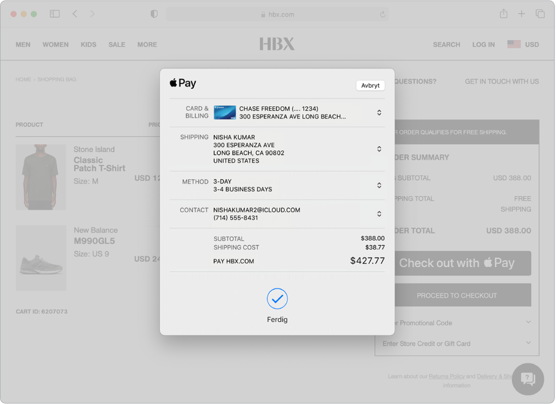 Et skjermbilde på Mac som viser et pågående nettkjøp med Apple Pay-alternativet i Safari.