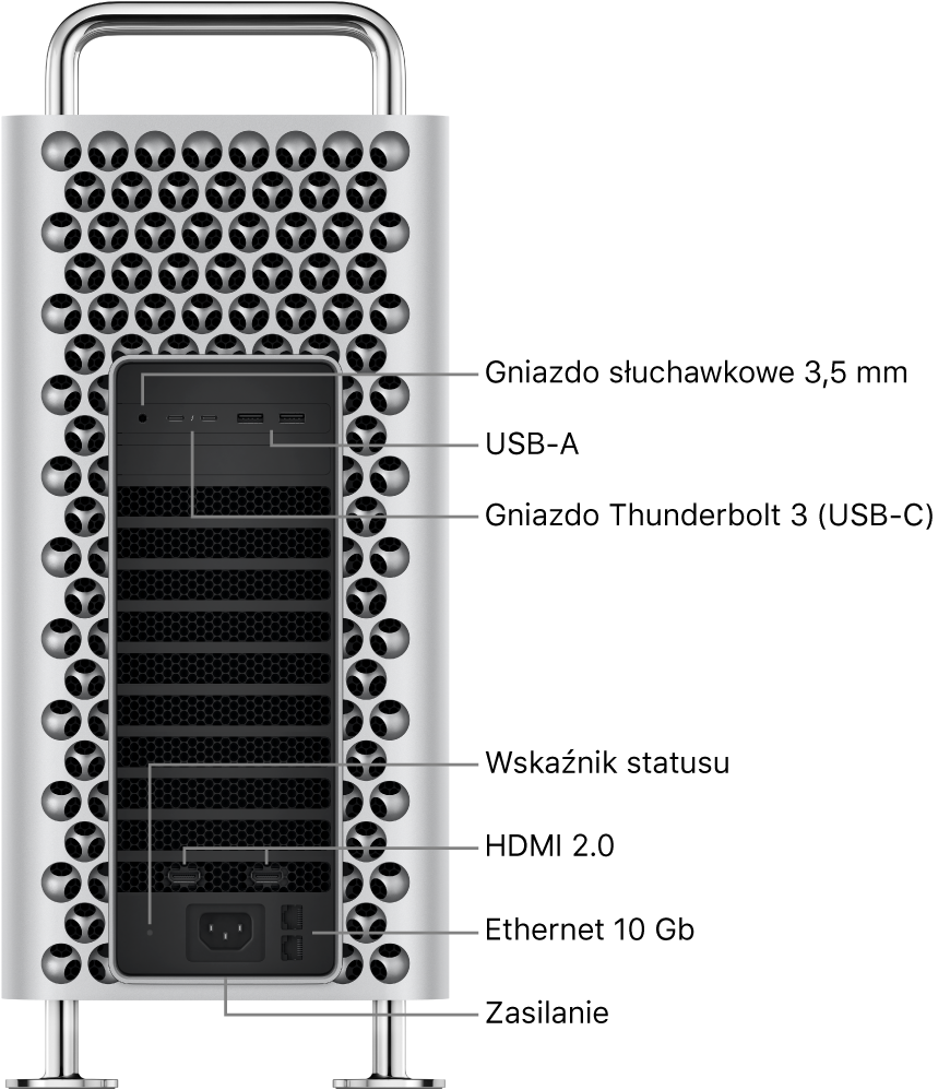 Widok Maca Pro z boku z widocznym gniazdem słuchawkowym 3,5 mm, dwoma gniazdami USB-A, dwoma gniazdami Thunderbolt 3 (USB-C), lampką wskaźnika statusu, dwoma gniazdami HDMI 2.0, dwoma gniazdami 10 Gigabit Ethernet oraz gniazdem zasilania.