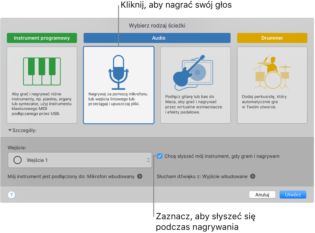 Panel instrumentów w aplikacji GarageBand z opisami opcji narywania głosu oraz opcji pozwalającej słyszeć siebie podczas nagrywania.