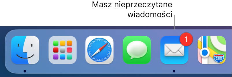 Fragment Docka zawierający ikonę Mail z plakietką informującą o liczbie nieprzeczytanych wiadomości email.