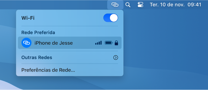 Tela do Mac com o menu Wi-Fi, mostrando um Acesso Pessoal conectado a um iPhone.