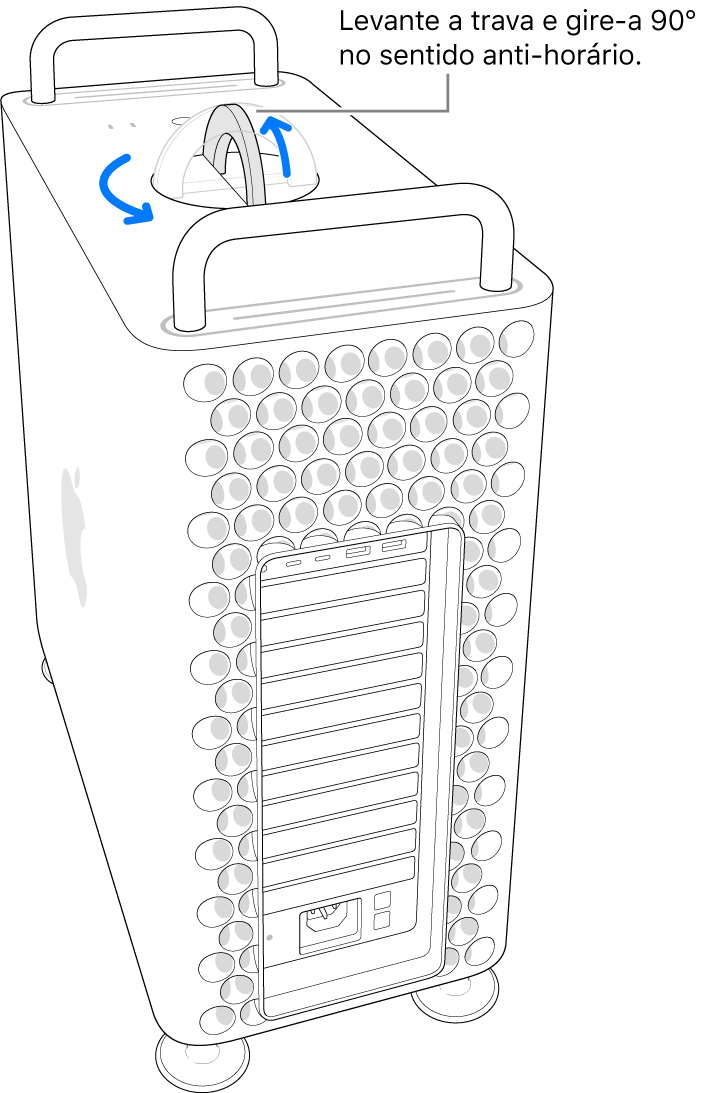 Mostrando o primeiro passo para remover o gabinete do computador ao levantar a trava e girá-la 90 graus.