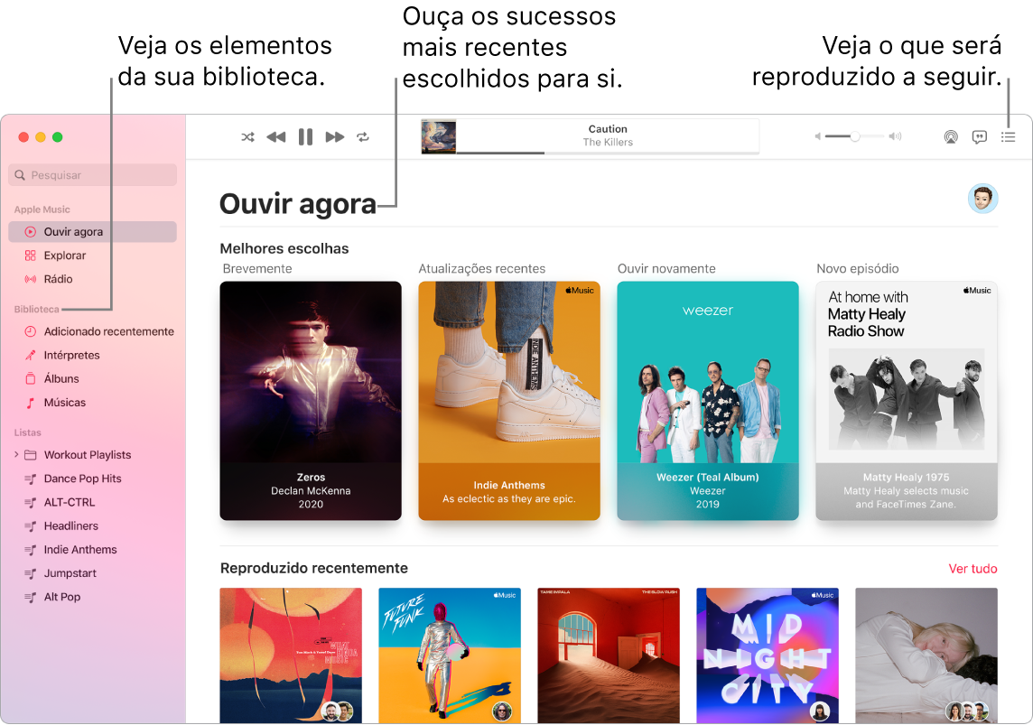 Uma janela da aplicação Música mostra como ver a biblioteca, ouvir Apple Music e ver o que será reproduzido de seguida.