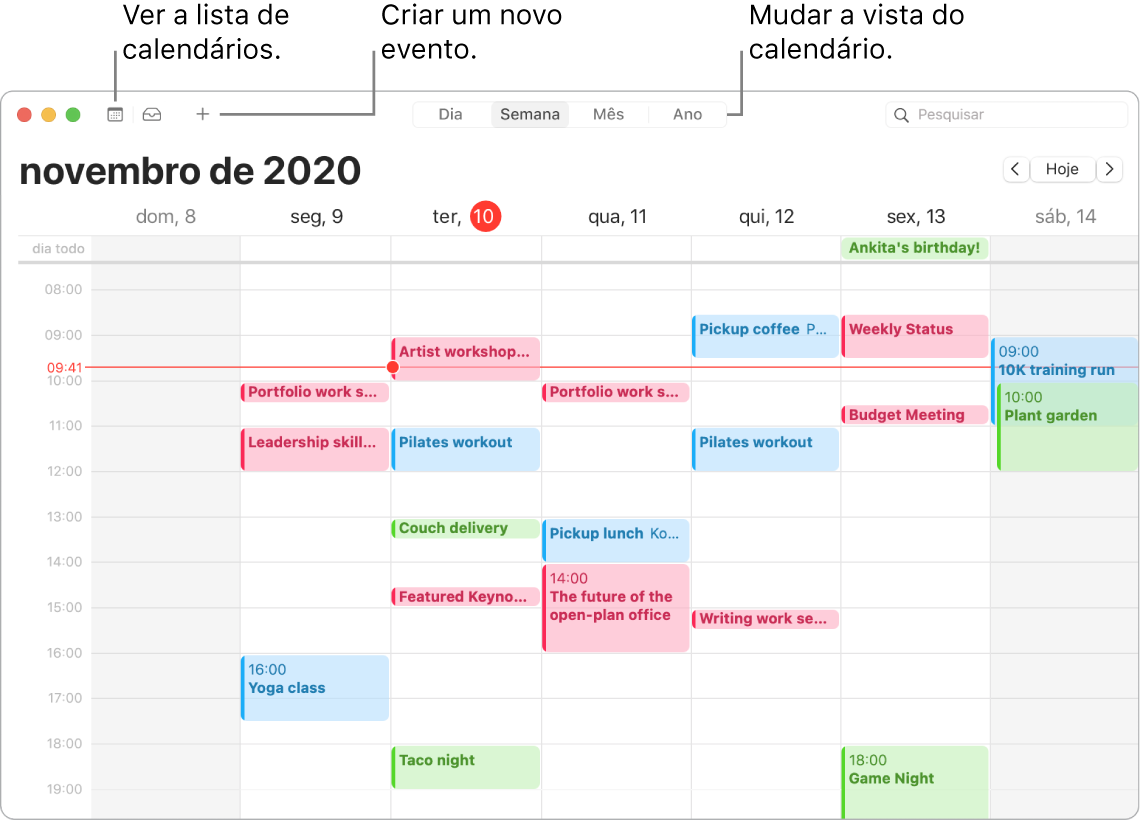 Uma janela do Calendário a mostrar como criar um evento, ver a lista de calendários, e escolher a vista diária, semanal, mensal ou anual.