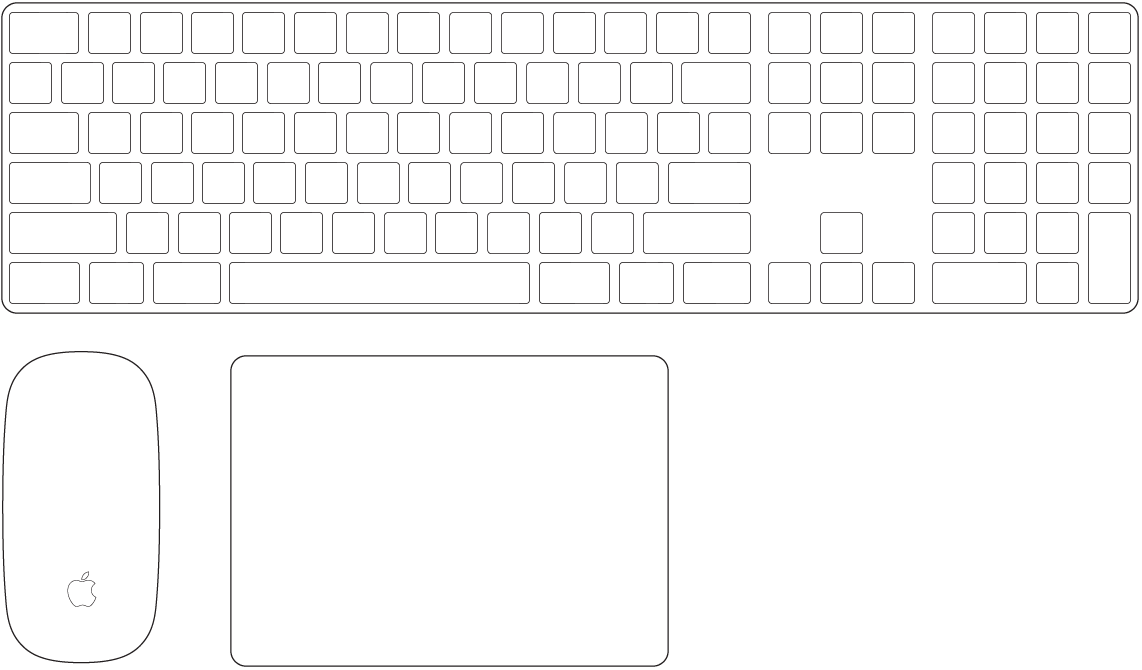 O Magic Keyboard com teclado numérico e o Magic Mouse que vêm incluídos com o Mac Pro.